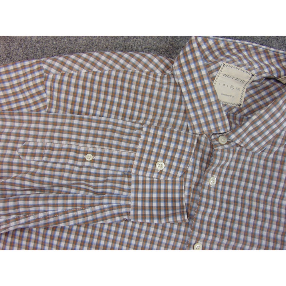 Billy‎ Reid Shirt Mens XL Standard Cut Brown White Gingham Long Sleeve